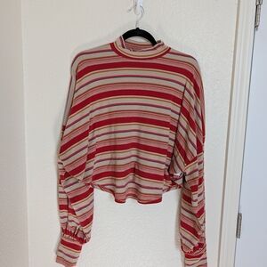 Free People Cropped Top Size S Oversized Mock Neck Balloon Sleeve Steph Stripe